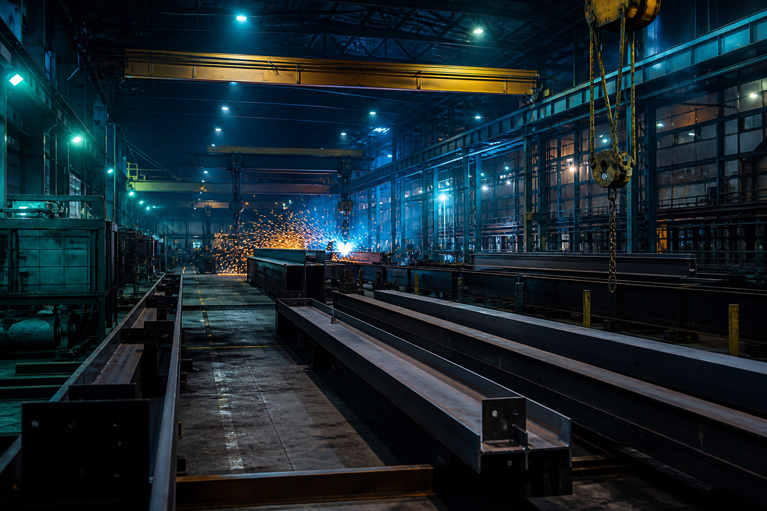 Dark steel fabrication plant floor with welding light — Smart Factory delivery automation in KSA