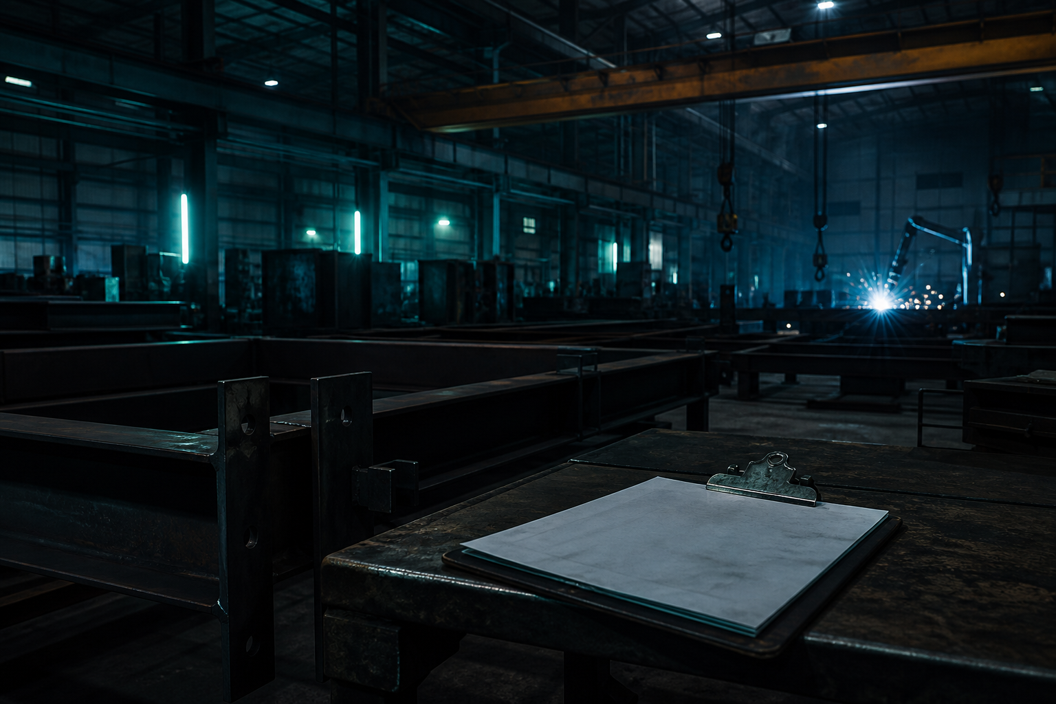 Dark KSA fabrication floor with abandoned paperwork — why generic IT projects fail on the shop floor